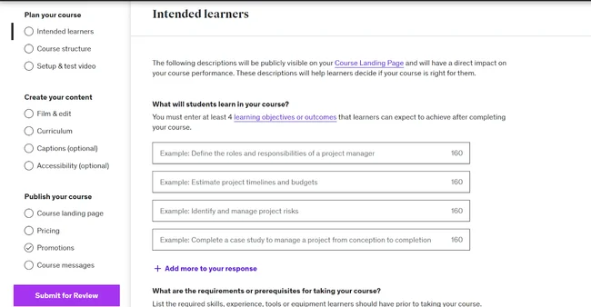 Udemy's course building interface
